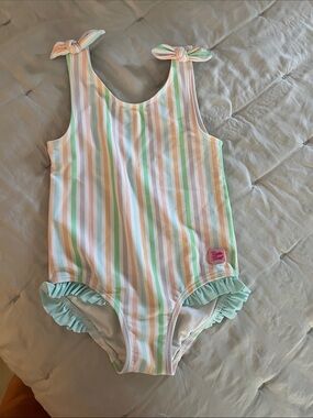 Ruffle butts Girls Pastel Stripe One-Piece Swimsuit with Ruffle Trim